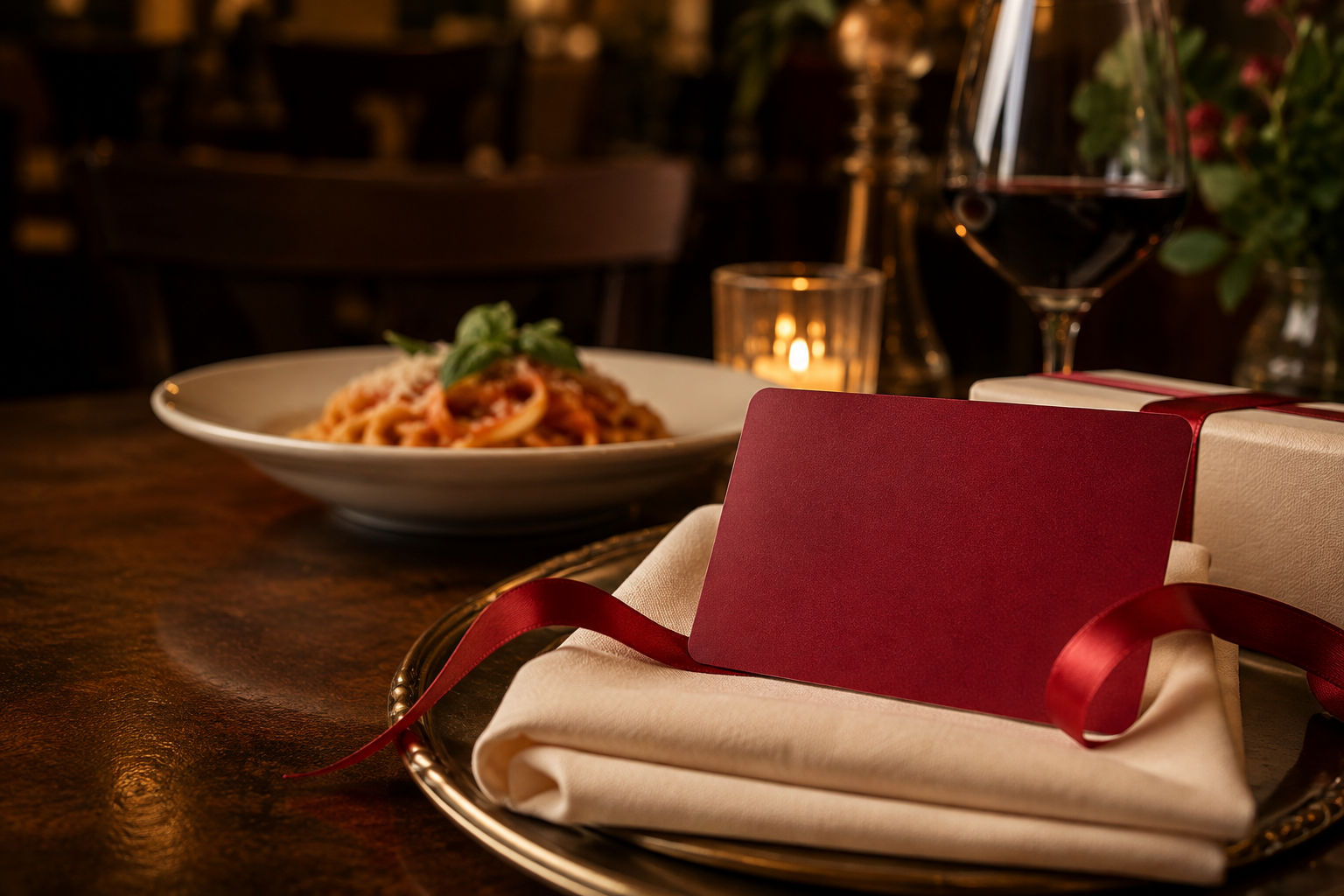 A red gift card presented beside pasta and wine at an Italian dinner table