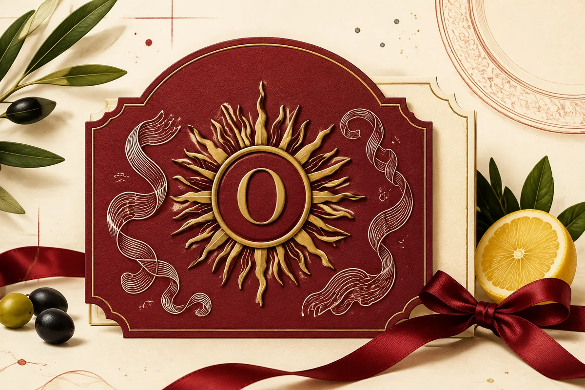 An illustrated arched Olio e Più gift card with a gold sun, olive leaves, lemon and ribbon